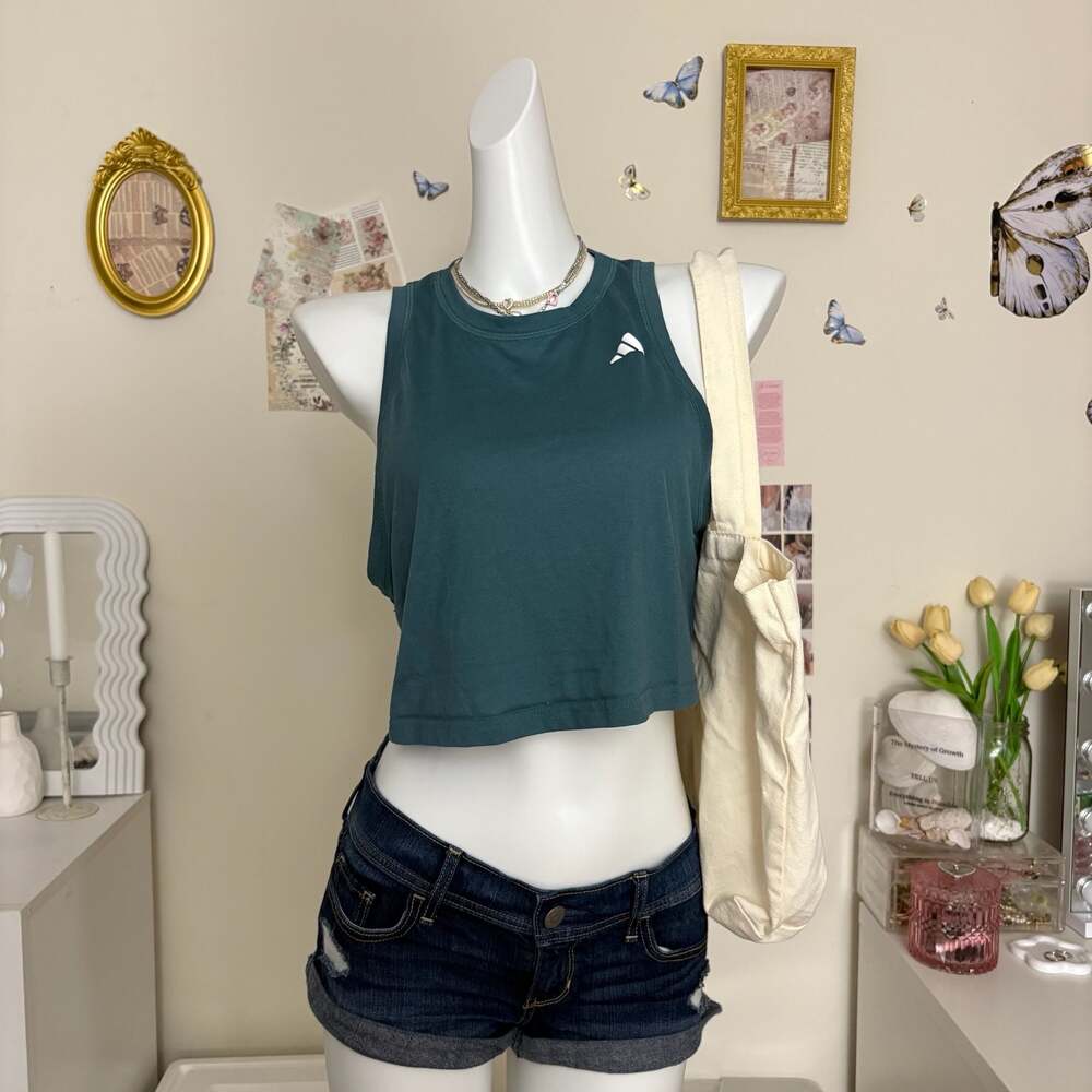 Adidas Teal Green Training Cropped Tank Top High Neck Sporty Minimalist Athletic